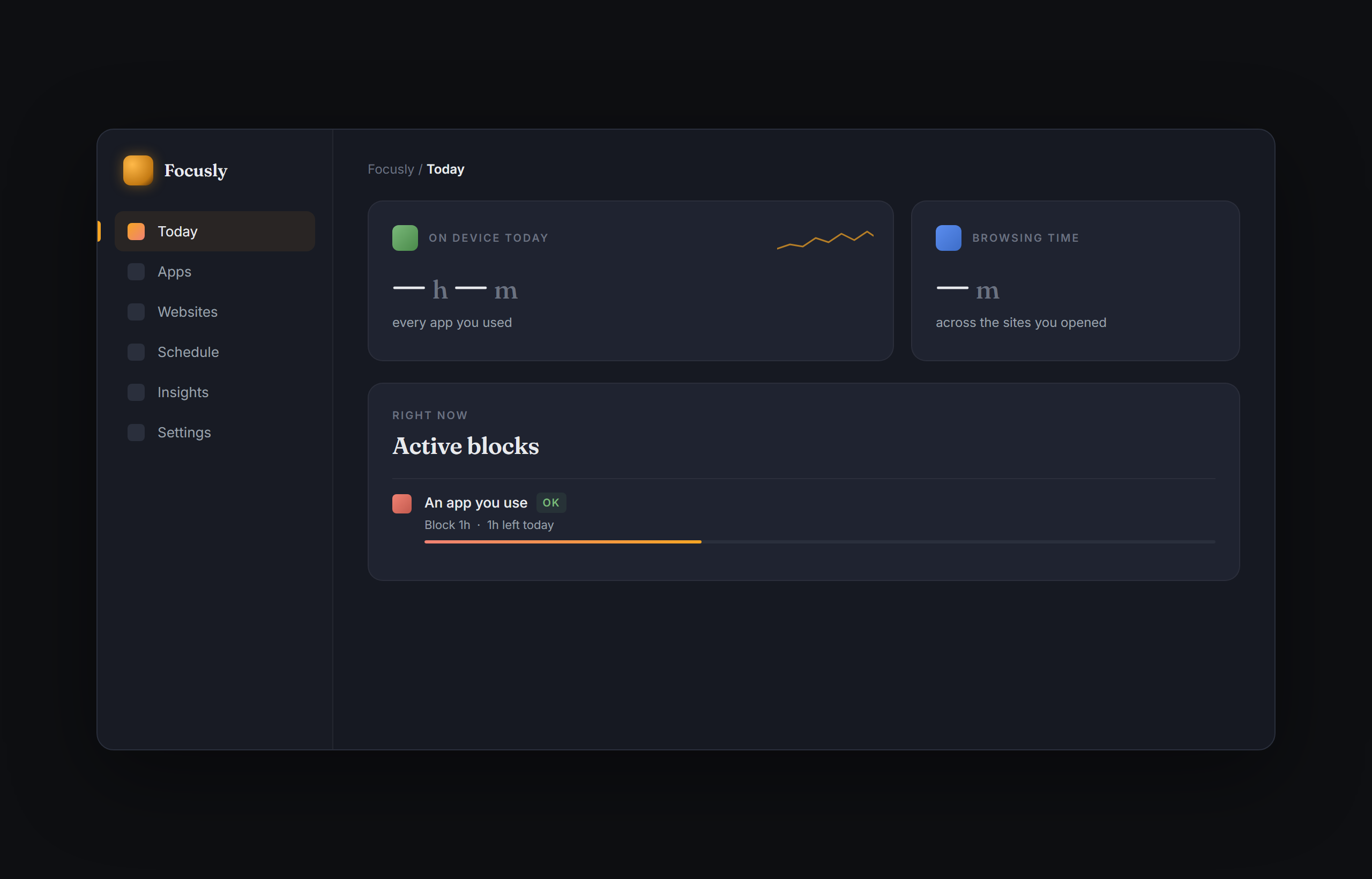 Focusly's Today page: sidebar with active 'Today' item, two stat tiles (on device today + browsing time), and an active-blocks section.