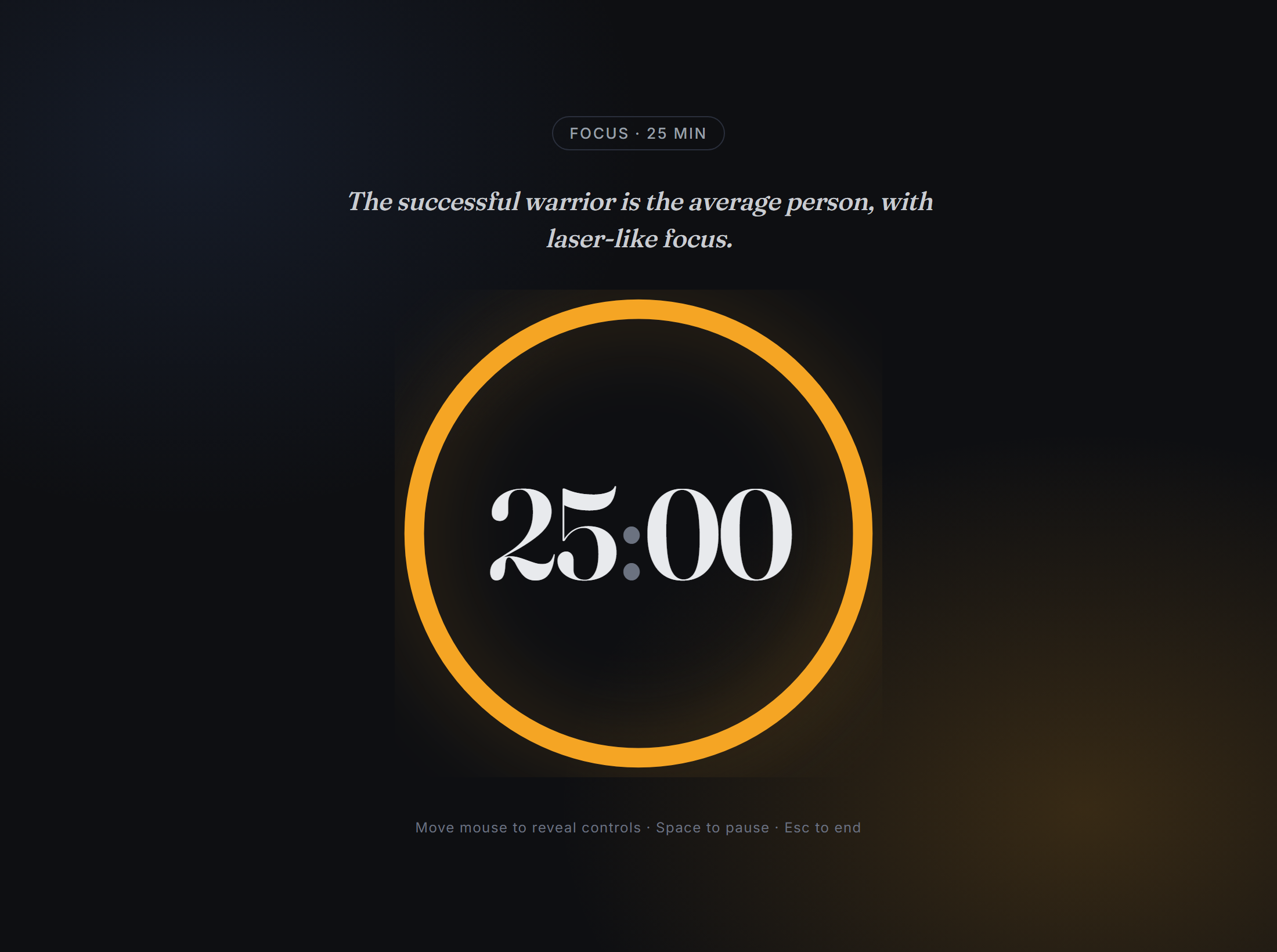 Focusly's focus overlay: a dark canvas with a single warm amber ring and a 25-minute countdown timer in Fraunces.